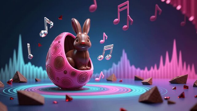 3D  a brown rabbit sitting inside a pink, spiral-patterned egg-shaped nest. Musical notes and transparent crystals float around.