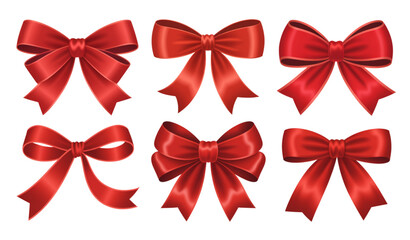 Luxury realistic red ribbon bows isolated on white for greeting cards gift packaging and holiday promotions