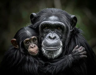 Chimpanzee mother hugging her baby, portrait © Sari