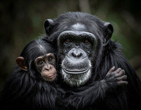Chimpanzee mother hugging her baby, portrait