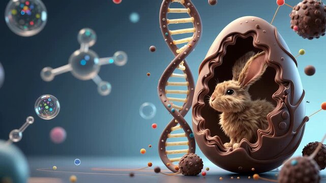a small, fluffy rabbit with brown fur and large ears., chocolate egg-shaped object, surrounded by colorful, floating bubbles and molecular structures.