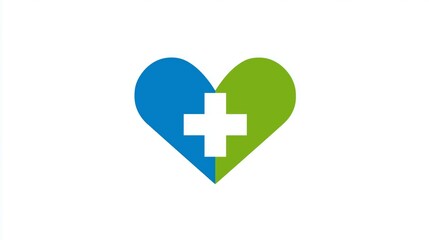 Obraz premium Heart shape combining blue and green with a medical cross, symbolizing health, care and wellbeing