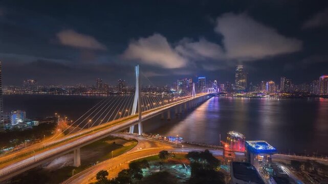  Ultra-realistic drone hyperlapse aerial shot of Atal Setu bridge, Mumbai at night
