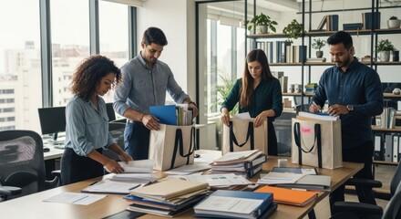 Fototapeta premium Four diverse colleagues organizing office supplies and paperwork in a modern office setting with a city view.
