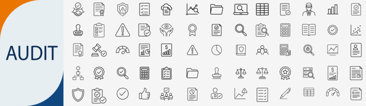 Audit and financial compliance icons set, thin line business assessment report and tax document verification vector illustration