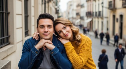 Fototapeta premium A young couple embracing and smiling together on a city street with historic buildings in the background.