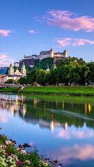 Obraz premium Cityscape, river, architecture view. A majestic castle atop green hill overlooks river reflecting sky and buildings at dusk
