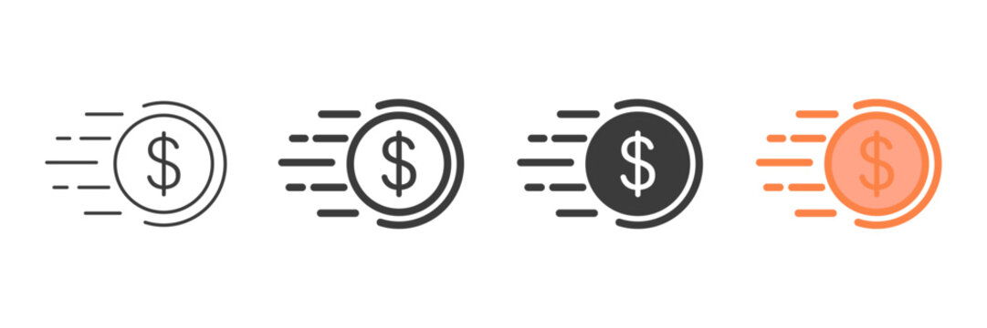 Set of minimalist fast money icons with transparent background, depicting moving dollar coin symbols for quick transactions, instant payments, and financial speed, vector illustration