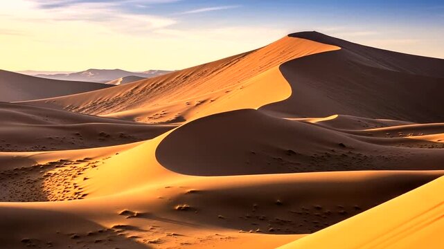 Golden desert sand dunes at sunset with dramatic shadows and clear sky.