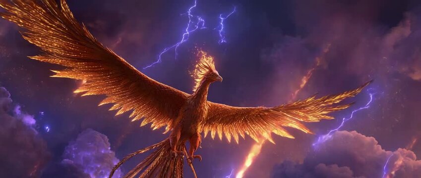 Majestic Golden Phoenix Flying Through Purple Storm Clouds with Lightning. 