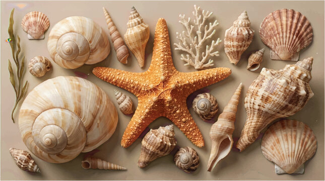 assorted sea shells and starfish on beige surface