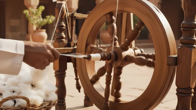 Person Spinning Cotton on Charkha Wheel Outdoors in Traditional Way