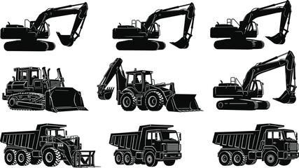 Black silhouette collection of heavy construction machinery including excavators dump trucks and bulldozers isolated on white background for industrial and civil engineering projects © Selina