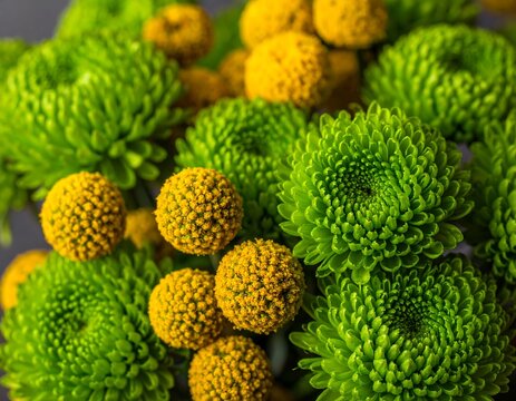 Close-up of bright green chrysanthemum and yellow solidago flowers arranged against a dark gray background