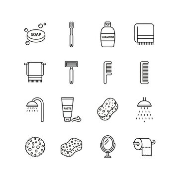 Set ikon kamar mandi dengan gaya garis tipis.
