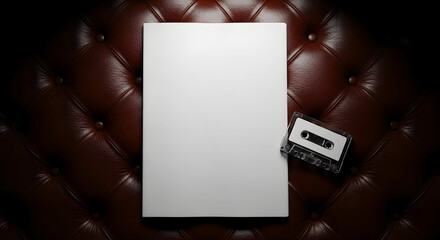 Fototapeta premium Blank white book or magazine cover mockup next to a vintage audio cassette, placed on a luxurious dark brown leather tufted surface.