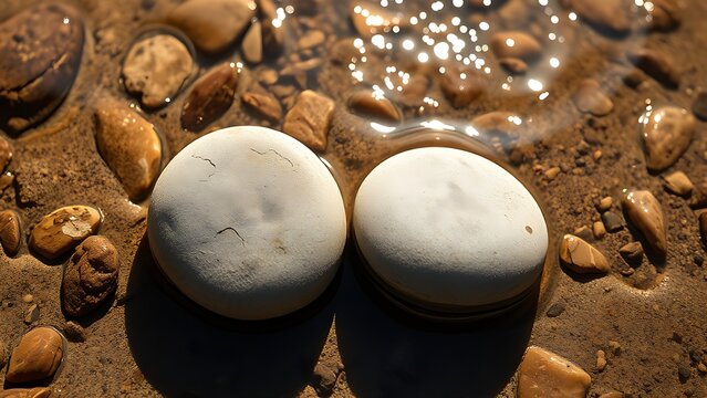 Two smooth river stones resting on a sandy stream bed, natural textures. travel magazines, destination branding, designed for travel destination branding, used by management consultants.