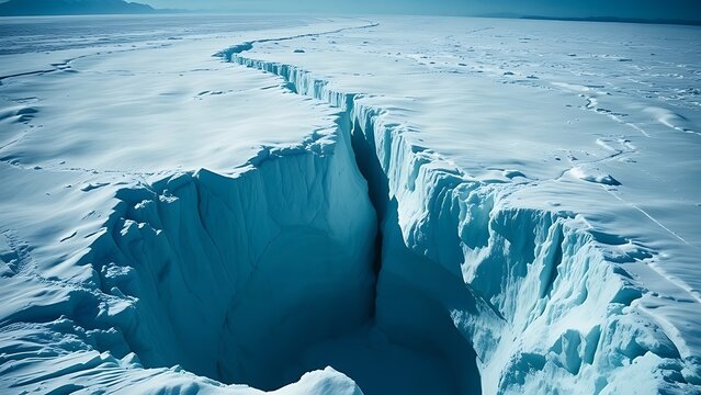 A vast glacier with a deep, dark crevasse splitting its surface, cold blue and white tones. travel magazines, destination branding, designed for outdoor magazines and nature guides.