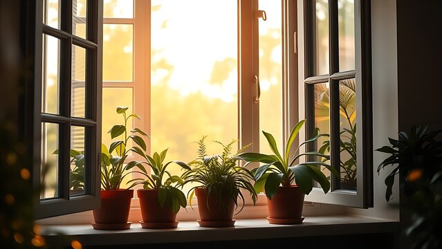  Potted plants being moved to a sunny windowsill with warm morning light. lifestyle magazines, social media lookbooks, designed for influencer and brand collaborations.