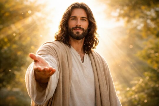 Jesus Christ Outstretching Hand in Serene Forest at Sunrise