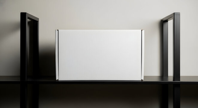 Blank White Rectangular Cardboard Box Mockup on Black Shelf, Minimalist Product Packaging Design