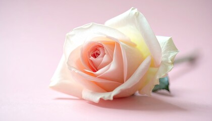 A delicate pale pink and white rose bloom rests on a soft pastel pink background.
