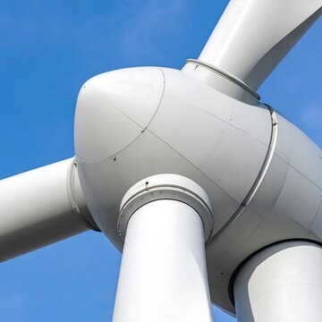 Close-up of a large white structure with rotating blades against a bright blue sky. The central hub is prominently featured