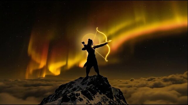 Dramatic silhouette of rama aiming his glowing bow on a peak against a fiery golden celestial sky.
