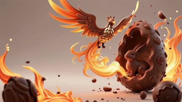 fantasy scene, golden phoenix with fiery orange and yellow feathers, flying towards a large, brown, egg-shaped object with circular patterns.