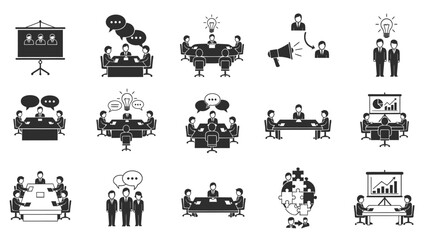 Obraz premium Collection of black and white business meeting and communication icons depicting teamwork, discussions, presentations, and idea generation.