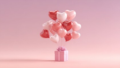 Fototapeta premium Floating heart shaped balloons emerge from a beautifully wrapped present on a soft pink background