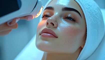 Young woman receiving advanced facial treatment in a modern beauty clinic for skin rejuvenation.