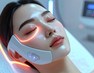 Young woman undergoing advanced facial rejuvenation treatment with glowing light therapy for enhanced skin health and beauty.