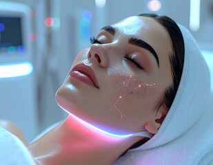 Young woman undergoing advanced facial rejuvenation treatment with LED light therapy for glowing skin.