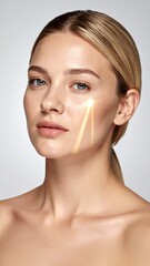 Young Woman with Glowing Arrows on Face Representing Skin Lifting and Rejuvenation.