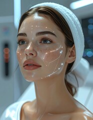 Young woman with glowing facial lines and dots representing advanced skincare or cosmetic treatment.
