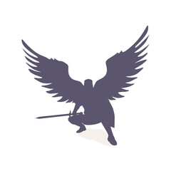 Fototapeta premium Dark fantasy angel warrior silhouette. Gothic demon knight mythical fighter with wings. Heroic fantasy character.
