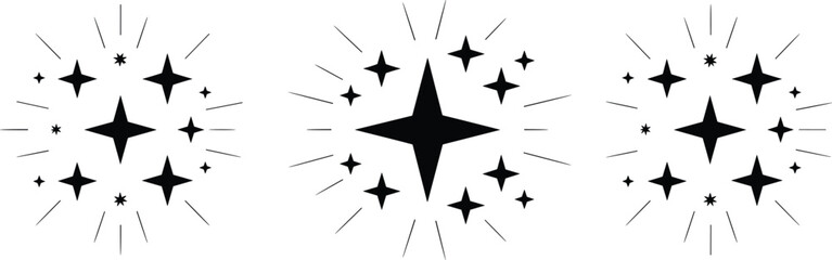 Fototapeta premium Starburst sparkle icon set, black silhouette, glowing effect, radiant burst, vector graphic, decorative symbol, clean shine, symmetrical layout, light rays, minimalist style