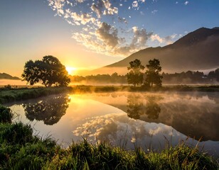 Serene landscape with a lake reflecting a vibrant sunrise and surrounding mountains