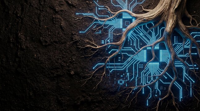 Tree roots transforming into glowing blue digital circuit lines underground