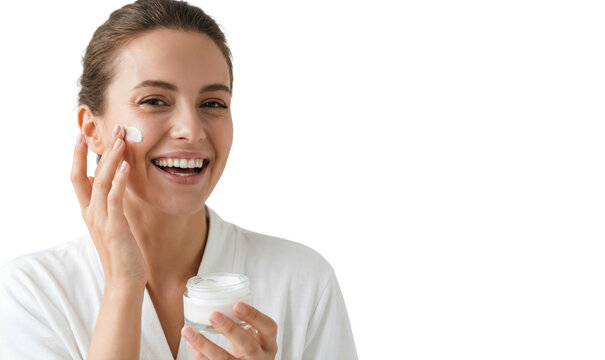 Smiling beautiful woman touching healthy facial skin, skincare and cosmetics concept, isolated on transparent background