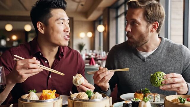 Two men savor dim sum at a restaurant, using chopsticks and enjoying a variety of colorful dishes