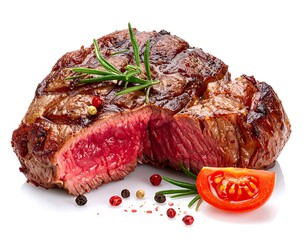 Close-up of a perfectly grilled steak, revealing juicy interior and garnished with herbs and spices. A tomato wedge is included
