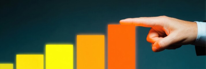 Obraz premium Hand pointing at a glowing bar chart showing financial growth and business success, professional management strategy for corporate efficiency with dark copy space