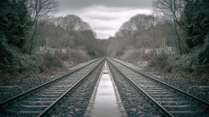 Fototapeta premium Serene Depiction of Train Tracks Stretching into a Distant Horizon Surrounded by Trees and Calm Atmosphere