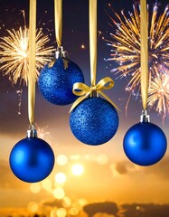 Three blue Christmas ornaments hanging with fireworks background
