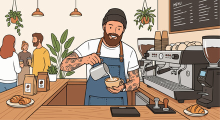 Professional barista pouring milk to make latte art coffee in modern cafe shop.