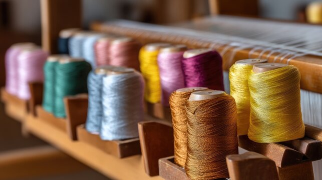 Colorful Spools of Thread on a Loom Displaying Textile Craft and Artistic Creativity in a Workshop Environment