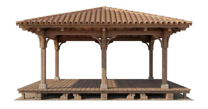 Wooden gazebo with tiled roof and pillars deck outdoor structure isolated on a transparent background