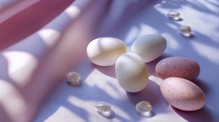 Soft Pastel Decorative Eggs with Gentle Light and Shadows on Elegant Fabric Background
